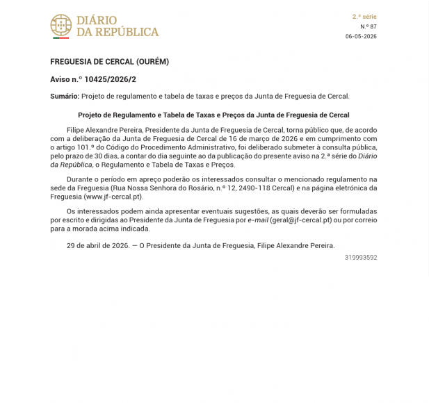 Aviso DR - Consulta P&uacute;blica de Projeto Regulamento e Tabela de Taxas e Pre&ccedil;os da Freguesia de Cercal