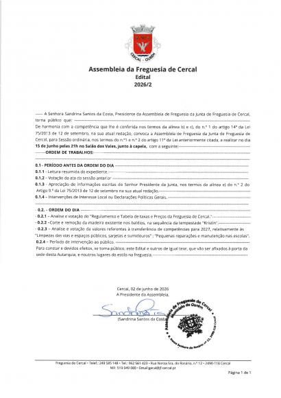 Assembleia de Freguesia de Cercal | Sess&atilde;o Ordin&aacute;ria - Edital